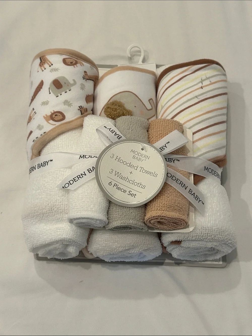 Modern Baby 6-Piece Hooded Towel & Washcloth Set - White and Tan